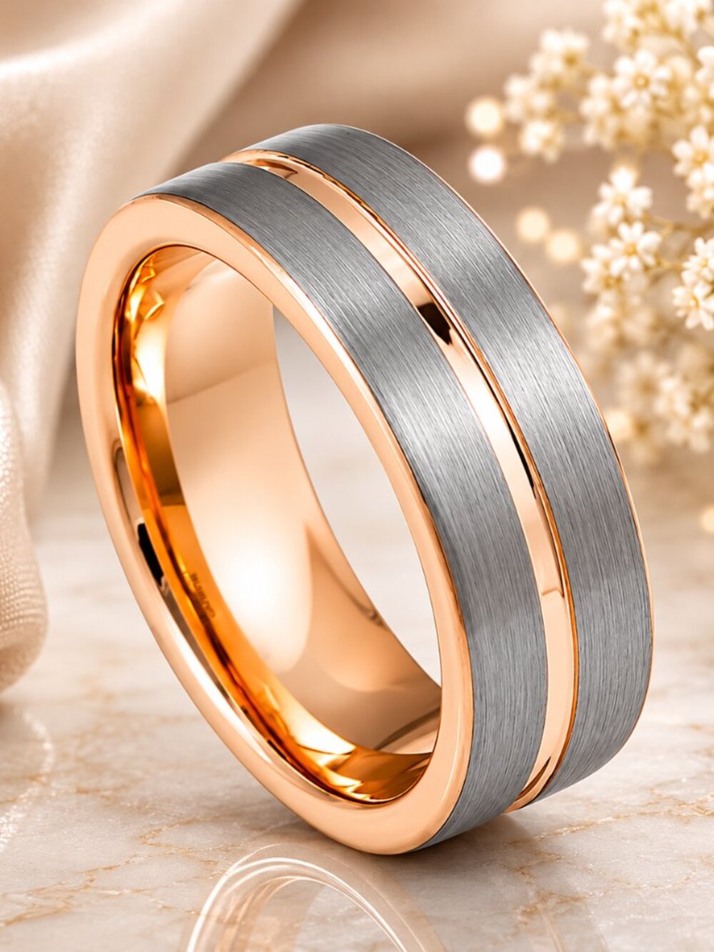 Rose Gold & Brushed Gunmetal Tungsten Ring with Groove - GALTUN836-12.5